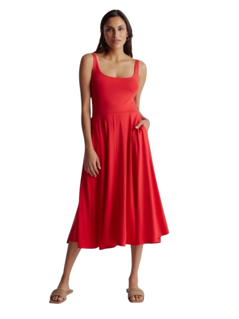 Quince Red Scoop-Neck Sleeveless Fit & Flare Midi Dress with Pockets Large